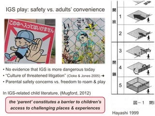 IGS play: safety vs. adults’ convenience
Hayashi 1999
• No evidence that IGS is more dangerous today
• “Culture of threate...