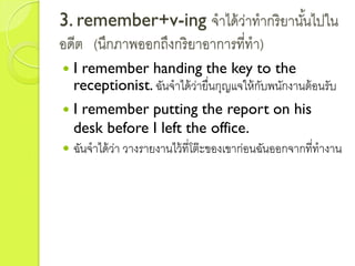 3. remember+v-ing จำได้ว่ำทำกริยำนั้นไปใน
อดีต (นึกภำพออกถึงกริยำอำกำรที่ทำ)
 I remember handing the key to the
receptionist. ฉันจำได้ว่ำยื่นกุญแจให้กับพนักงำนต้อนรับ
 I remember putting the report on his
desk before I left the office.
 ฉันจำได้ว่ำ วำงรำยงำนไว้ที่โต๊ะของเขำก่อนฉันออกจำกที่ทำงำน
 