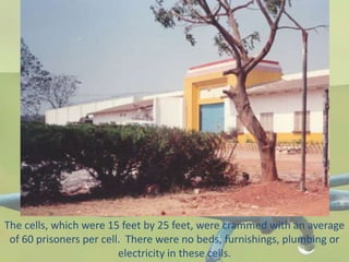 The cells, which were 15 feet by 25 feet, were crammed with an average
of 60 prisoners per cell. There were no beds, furnishings, plumbing or
electricity in these cells.
 