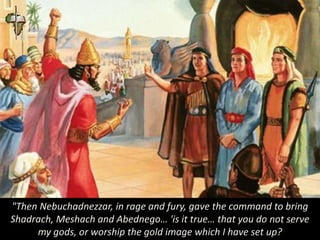 "Then Nebuchadnezzar, in rage and fury, gave the command to bring
Shadrach, Meshach and Abednego… 'is it true… that you do not serve
my gods, or worship the gold image which I have set up?
 