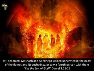 Yet, Shadrach, Meshach and Abednego walked unharmed in the midst
of the flames and Nebuchadnezzar saw a fourth person with them
"like the Son of God!" Daniel 3:21-25
 