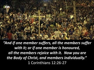 “And if one member suffers, all the members suffer
with it; or if one member is honoured,
all the members rejoice with it. Now you are
the Body of Christ, and members individually.”
1 Corinthians 12:26-27
 