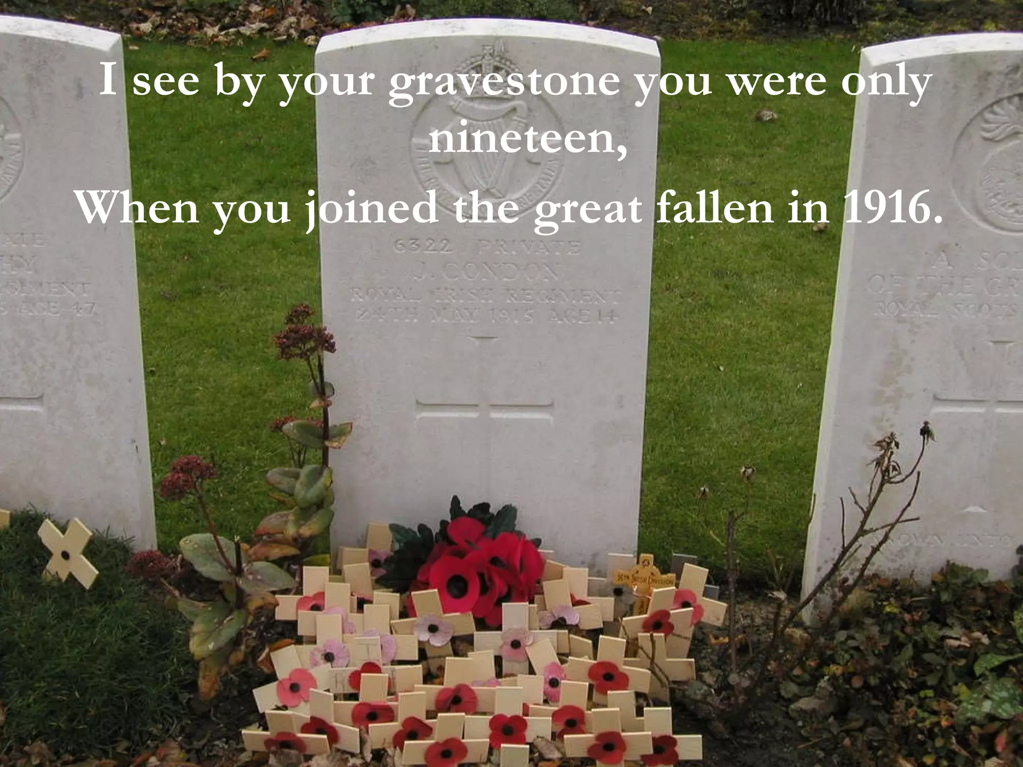 I see by your gravestone you were only nineteen,  When you joined the great fallen in 1916.  
