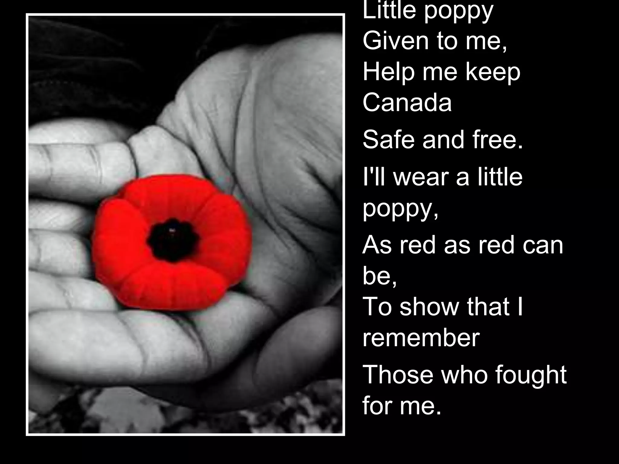 Little poppy
Given to me,
Help me keep
Canada
Safe and free.
I'll wear a little
poppy,
As red as red can
be,
To show that I
remember
Those who fought
for me.