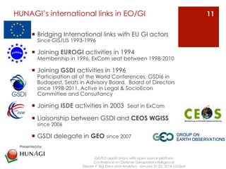 HUNAGI’s international links in EO/GI 
¡ Bridging International links with EU GI actors 
Since GIS/LIS 1993-1996 
¡ Joining EUROGI activities in 1994 
Membership in 1996, ExCom seat between 1998-2010 
¡ Joining GSDI activities in 1996 
Participation all of the World Conferences, GSDI6 in 
Budapest, Seats in Advisory Board, Board of Directors 
since 1998-2011, Active in Legal & SocioEcon 
Committee and Consultancy 
¡ Joining ISDE activities in 2003 Seat in ExCom 
¡ Liaisonship between GSDI and CEOS WGISS 
since 2006 
¡ GSDI delegate in GEO since 2007 
GIS/EO applications with open source platform 
Conference on Defense Geospatial Intelligence 
Stream F: Big Data and Analytics January 21-23, 2014 London 
11 
Presented by 
 