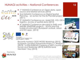 HUNAGI activities – National Conferences 
¡ 1st HUNAGI Conference on Open data, open 
source and related services (2010) 
¡ 2nd HUNAGI Conference on Digital Spatial 
Planning - an action for the EU Plan4all project 
(2011) 
¡ 3rd HUNAGI Conference on Mobil GIS, VGI, GIS in 
logistics, access of spatial data (2012) 
¡ 4th HUNAGI Conference devoted to SMEs and 
INSPIRE (SMESPIRE project) - EO/GI and the 
livable environment (European outlook, Urban 
and EO apps (2013) 
Recently hosted: CEOS WGISS Workshop (2012), 
European Location Framework Project 1st Workshop 
(2013), 1st ESA-EUROGI Copernicus MPP Country 
Survey and Workshop (2013) EUROGI Extra 
Members’ Day (2013) 
GIS/EO applications with open source platform 
Conference on Defense Geospatial Intelligence 
Stream F: Big Data and Analytics January 21-23, 2014 London 
12 
Presented by 
 