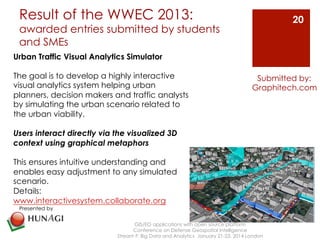 Result of the WWEC 2013: 
awarded entries submitted by students 
and SMEs 
GIS/EO applications with open source platform 
Conference on Defense Geospatial Intelligence 
Submitted by: 
Graphitech.com 
Stream F: Big Data and Analytics January 21-23, 2014 London 
20 
Urban Traffic Visual Analytics Simulator 
The goal is to develop a highly interactive 
visual analytics system helping urban 
planners, decision makers and traffic analysts 
by simulating the urban scenario related to 
the urban viability. 
Users interact directly via the visualized 3D 
context using graphical metaphors 
This ensures intuitive understanding and 
enables easy adjustment to any simulated 
scenario. 
Details: 
www.interactivesystem.collaborate.org 
Presented by 
! 
 