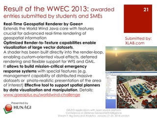 Result of the WWEC 2013: awarded 
entries submitted by students and SMEs 
GIS/EO applications with open source platform 
Conference on Defense Geospatial Intelligence 
Submitted by: 
XLAB.com 
Stream F: Big Data and Analytics January 21-23, 2014 London 
21 
Real-Time Geospatial Renderer by Gaea+ 
Extends the World Wind Java core with features 
crucial for advanced real-time rendering of 
geospatial information 
Optimized Render-to-Texture capabilities enable 
visualization of large vector datasets. 
A shader has been built directly into the render-loop, 
enabling custom-oriented visual effects, deferred 
rendering and flexible support for WFS and GML. 
It allows to build mission-critical emergency 
response systems with special features (e.g. 
management capability of distributed massive 
datasets or photo-realistic presentation of the area 
of interest) Effective tool to support spatial planners 
by data visualization and manipulation. Details: 
www.gaeaplus.eu/worldwind-challenge 
Presented by 
 