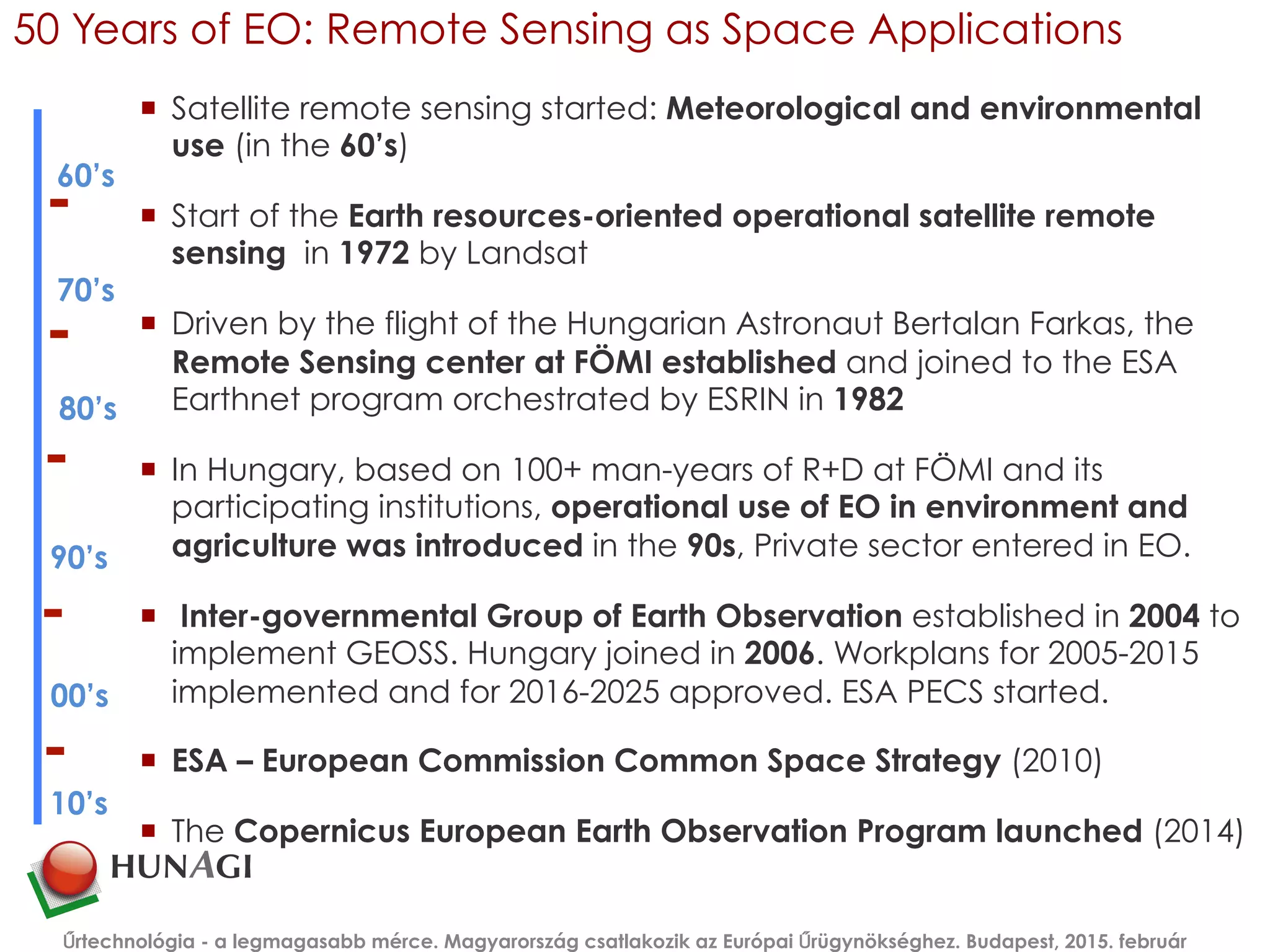 50 Years of EO: Remote Sensing as Space Applications
¡  Satellite remote sensing started: Meteorological and environmental
use (in the 60’s)
¡  Start of the Earth resources-oriented operational satellite remote
sensing in 1972 by Landsat
¡  Driven by the flight of the Hungarian Astronaut Bertalan Farkas, the
Remote Sensing center at FÖMI established and joined to the ESA
Earthnet program orchestrated by ESRIN in 1982
¡  In Hungary, based on 100+ man-years of R+D at FÖMI and its
participating institutions, operational use of EO in environment and
agriculture was introduced in the 90s, Private sector entered in EO.
¡  Inter-governmental Group of Earth Observation established in 2004 to
implement GEOSS. Hungary joined in 2006. Workplans for 2005-2015
implemented and for 2016-2025 approved. ESA PECS started.
¡  ESA – European Commission Common Space Strategy (2010)
¡  The Copernicus European Earth Observation Program launched (2014)
Űrtechnológia - a legmagasabb mérce. Magyarország csatlakozik az Európai Űrügynökséghez. Budapest, 2015. február
60’s
70’s
80’s
90’s
00’s
10’s
 