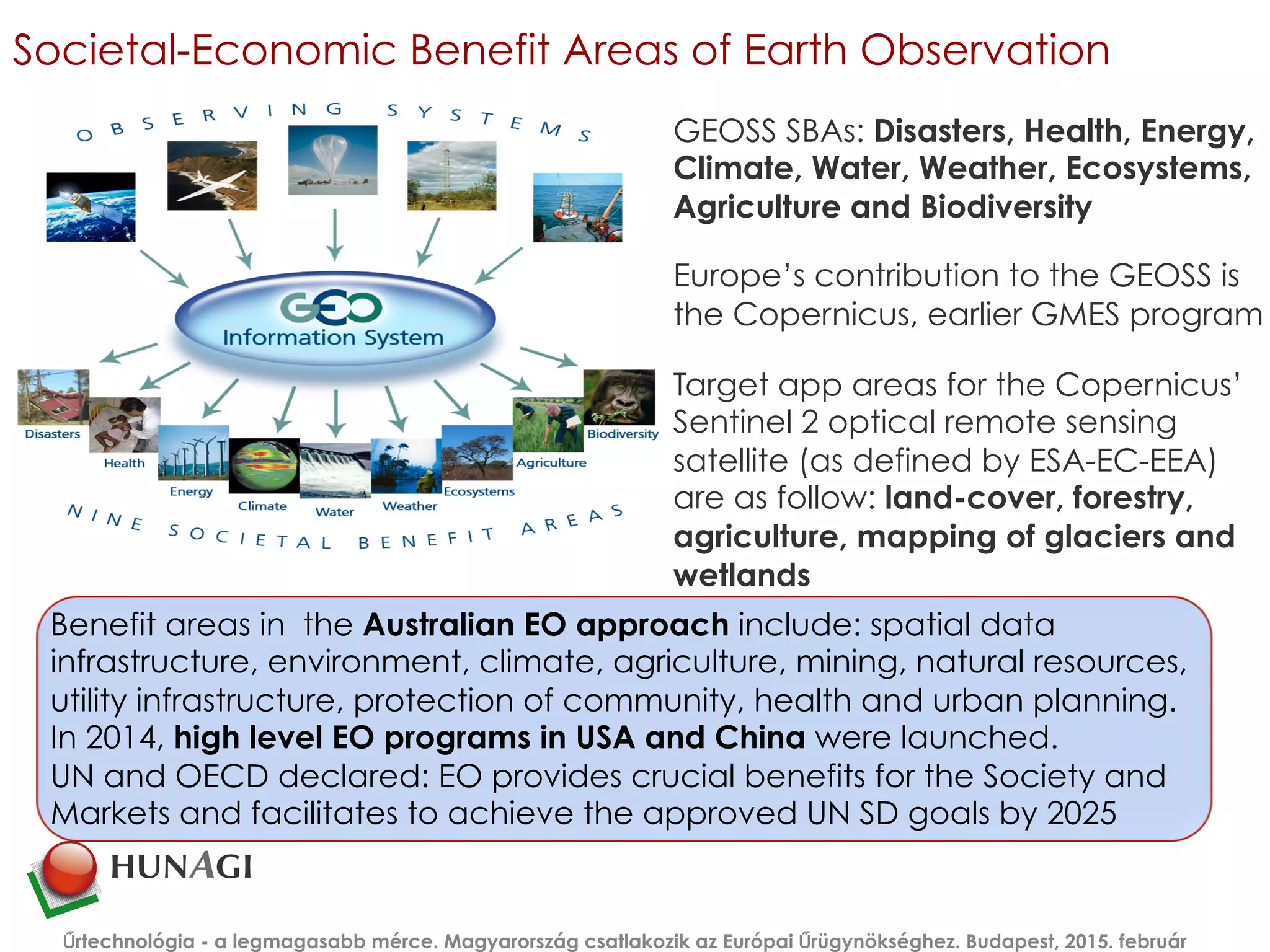 Societal-Economic Benefit Areas of Earth Observation
GEOSS SBAs: Disasters, Health, Energy,
Climate, Water, Weather, Ecosystems,
Agriculture and Biodiversity
Europe’s contribution to the GEOSS is
the Copernicus, earlier GMES program
Target app areas for the Copernicus’
Sentinel 2 optical remote sensing
satellite (as defined by ESA-EC-EEA)
are as follow: land-cover, forestry,
agriculture, mapping of glaciers and
wetlands
Űrtechnológia - a legmagasabb mérce. Magyarország csatlakozik az Európai Űrügynökséghez. Budapest, 2015. február
Benefit areas in the Australian EO approach include: spatial data
infrastructure, environment, climate, agriculture, mining, natural resources,
utility infrastructure, protection of community, health and urban planning.
In 2014, high level EO programs in USA and China were launched.
UN and OECD declared: EO provides crucial benefits for the Society and
Markets and facilitates to achieve the approved UN SD goals by 2025
 