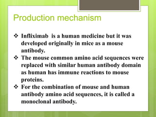 Production mechanism
 Infliximab is a human medicine but it was
developed originally in mice as a mouse
antibody.
 The mouse common amino acid sequences were
replaced with similar human antibody domain
as human has immune reactions to mouse
proteins.
 For the combination of mouse and human
antibody amino acid sequences, it is called a
monoclonal antibody.
 