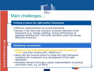 www.fedarene.org
• Effective implementation of current framework
• Review in the short and mid-term of certain elements of the
framework (e.g. Energy Labelling; Energy Performance of
Buildings Directive Art 7 and other elements under the Energy
Efficiency Directive)
Putting in place the right policy framework
• Effective use of European Structural and Investment
Funds and other funding (EIC, H2020 etc.)
• Work with the financial sector to create the right framework
conditions for investment (e.g. development of the right
standards)
• Stimulate demand (through a robust implementation of existing
and future rules, e.g. on EPCs)
Mobilising investments
Main challenges…
 