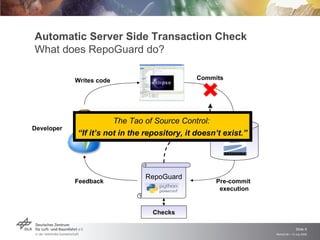 Automatic Server Side Transaction Check
What does RepoGuard do?

            Writes code                            Commits

                                                    
                          The Tao of Source Control:
Developer                           Check failed             VCS
            “If it’s not in the repository, it doesn’t exist.”




                                  RepoGuard
            Feedback                                    Pre-commit
                                                         execution


                                    Checks

                                                                                    Slide 9
                                                                     Remidi 09 > 13 July 2009
 