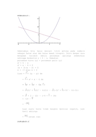 PEMBAHASAN : 
Sebelumnya kita harus mencari titik potong pada sumbu-x 
sebagai batas atas dan batas bawah integral. Yaitu dengan cara 
mengubah terlebih dahulu persamaan garisnya sedemikian 
sehingga berbentuk y = 6 – x. Kemudian 
persamaan kurva (y1) = persamaan garis (y2) 
x2 = 6 – x 
x2 + x – 6 = 0 
(x + 3)(x – 2) = 0 
x = -3 atau x = 2 
Luas = (y1 – y2) dx 
= x2 + x – 6 dx 
= x3 + x2 – 6x 
= ( (2)3 + (2)2 – 6(2)) – ( (-3)3 + (-3)2 – 6(-3)) 
= ( + 2 – 12) – (-9 + + 18) 
= -19 – 
= 
Luas suatu kurva tidak mungkin bernilai negatif, jadi 
hasil akhirnya 
= satuan luas 
JAWABAN : C 
 