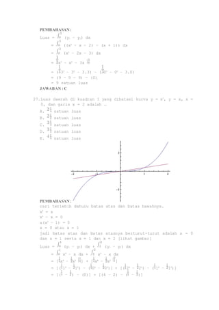 PEMBAHASAN : 
Luas = (y1 – y2) dx 
= ((x2 – x – 2) – (x + 1)) dx 
= (x2 – 2x – 3) dx 
= x3 – x2 – 3x 
= ( 33 – 32 – 3.3) – ( 03 – 02 – 3.0) 
= (9 – 9 – 9) – (0) 
= 9 satuan luas 
JAWABAN : C 
27. Luas daerah di kuadran I yang dibatasi kurva y = x3, y = x, x = 
0, dan garis x = 2 adalah … 
A. satuan luas 
B. satuan luas 
C. satuan luas 
D. satuan luas 
E. satuan luas 
PEMBAHASAN : 
cari terlebih dahulu batas atas dan batas bawahnya. 
x3 = x 
x3 – x = 0 
x(x2 – 1) = 0 
x = 0 atau x = 1 
jadi batas atas dan batas atasnya berturut-turut adalah x = 0 
dan x = 1 serta x = 1 dan x = 2 [lihat gambar] 
Luas = (y1 – y2) dx + (y1 – y2) dx 
= x3 – x dx + x3 – x dx 
= [ x4 – x2 ] + [ x4 – x2 ] 
= [( 14 – 12) – ( 04 – 02)] + [( 24 – 22) – ( 14 – 12)] 
= [( – ) – (0)] + [(4 – 2) – ( – )] 
 