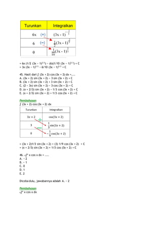 = 6x (1/2 (3x − 1)2/3) − (6)(1/10 (3x − 1)5/3) + C 
= 3x (3x − 1)2/3 − 6/10 (3x − 1)5/3 + C 
45. Hasil dari ∫ (3x + 2) cos (3x + 2) dx =.... 
A. (3x + 2) sin (3x + 2) − 3 sin (3x + 2) + C 
B. (3x + 2) sin (3x + 2) + 3 sin (3x + 2) + C 
C. (2 − 3x) sin (3x + 2) − 3 cos (3x + 2) + C 
D. (x + 2/3) sin (3x + 2) − 1/3 cos (3x + 2) + C 
E. (x + 2/3) sin (3x + 2) + 1/3 cos (3x + 2) + C 
Pembahasan 
∫ (3x + 2) cos (3x + 2) dx 
= (3x + 2)1/3 sin (3x + 2) + (3) 1/9 cos (3x + 2) + C 
= (x + 2/3) sin (3x + 2) + 1/3 cos (3x + 2) + C 
46. o∫π x cos x dx = .... 
A. − 2 
B. − 1 
C. 0 
D. 1 
E. 2 
Dicoba dulu, jawabannya adalah A. − 2 
Pembahasan 
o∫π x cos x dx 
 