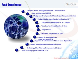 Past Experience Design & Development of   www.indiancourts.in Intranet –Portal development For BMR and associates  Ksat Application of KPMG Training Need Identification System  Project Management and Evaluation System Design and Development of KPI system E-Payment, Department of Post Design and development of Knowledge Management System Product Market Identification application (IIFT) Migration & Enhancement of Smart Class Application Technology Blue Print for Government of Gujarat Project Vikas… Issue Tracking System for KPMG-UK 