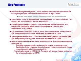 Key Products Inventory Management System – This is windows based system specially build for targeting the pain area of shoe manufacturers in Agra Cluster.  The web based generic Inventory Management System is in requirement phase. Sales CRM – This is in design phase. Database design has been completed. The product will be launched by Second week of July. Knowledge Management System – This is based on SharePoint server. This needs to be customized based on the company needs. This has been implemented at ITC & BMR. Key Performance Indicators – This is based on oracle database. Te version with SQL compatibility is in process. It has been implemented at LGEIL.  Training Need Identification –This is based on oracle database. Te version with SQL compatibility is in process. It has been implemented at LGEIL. Issue Tracking System –The ITS was designed to give organizations competitive advantage by:  Providing more responsive and proactive service to customers; and  Facilitating faster response times to internal incident reports and change requests resulting in higher productivity. This is implemented by KPMG UK. The same will be now hosted on internet for all support related to KSAT. 