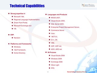 Technical Capabilities Strong expertise in  Microsoft .Net,  Regional Language Implementation,  Share Point Portal,  Microsoft Exchange and  VB. ERP Navision Platforms and Frameworks Windows,  .Net Framework,  Active Directory Languages and Products  MOSS 2007, Visual Studio 2005,  SQL Server 2005,  Enterprise Project Management Server,  Commerce Server Visio,  .NET3.0, C++, C#,  VB6,  ASP, ASP.net,  ADO, ADO.net IN Process Visual Studio 2008 Windows 2008 Exchange 2008 Silver Light PPS 