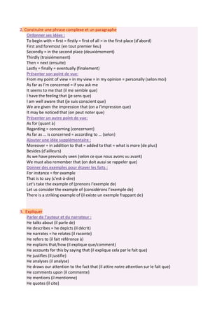 2. Construire une phrase complexe et un paragraphe
Ordonner ses idées :
To begin with = first = firstly = first of all = in the first place (d’abord)
First and foremost (en tout premier lieu)
Secondly = in the second place (deuxiémement)
Thirdly (troisiémement)
Then = next (ensuite)
Lastly = finally = eventually (finalement)
Présenter son point de vue:
From my point of view = in my view = in my opinion = personally (selon moi)
As far as I’m concerned = if you ask me
It seems to me that (il me semble que)
I have the feeling that (je sens que)
I am well aware that (je suis conscient que)
We are given the impression that (on a l’impression que)
It may be noticed that (on peut noter que)
Présenter un autre point de vue:
As for (quant à)
Regarding = concerning (concernant)
As far as … is concerned = according to … (selon)
Ajouter une idée supplémentaire :
Moreover = in addition to that = added to that = what is more (de plus)
Besides (d’ailleurs)
As we have previously seen (selon ce que nous avons vu avant)
We must also remember that (on doit aussi se rappeler que)
Donner des exemples pour étayer les faits :
For instance = for example
That is to say (c'est-à-dire)
Let’s take the example of (prenons l’exemple de)
Let us consider the example of (considérons l’exemple de)
There is a striking example of (il existe un exemple frappant de)
3. Expliquer
Parler de l’auteur et du narrateur :
He talks about (il parle de)
He describes = he depicts (il décrit)
He narrates = he relates (il raconte)
He refers to (il fait référence à)
He explains that/how (il explique que/comment)
He accounts for this by saying that (il explique cela par le fait que)
He justifies (il justifie)
He analyses (il analyse)
He draws our attention to the fact that (il attire notre attention sur le fait que)
He comments upon (il commente)
He mentions (il mentionne)
He quotes (il cite)
 