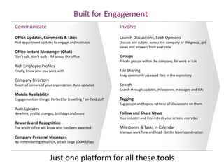Communicate
Office Updates, Comments & Likes
Post department updates to engage and motivate
Office Instant Messenger (Chat)
Don’t talk, don’t walk - IM across the office
Rich Employee Profiles
Finally, know who you work with
Company Directory
Reach all corners of your organization. Auto updated
Mobile Availability
Engagement on-the-go. Perfect for travelling / on-field staff
Auto Updates
New hire, profile changes, birthdays and more
Rewards and Recognition
The whole office will know who has been awarded
Company Personal Messages
No remembering email IDs, attach large 200MB files
Involve
Launch Discussions, Seek Opinions
Discuss any subject across the company or the group, get
views and answers from everyone
Groups
Private groups within the company, for work or fun
File Sharing
Keep commonly accessed files in the repository
Search
Search through updates, milestones, messages and IMs
Tagging
Tag people and topics, retrieve all discussions on them
Follow and Share News
Your industry and interests at your screen, everyday
Milestones & Tasks in Calendar
Manage work flow and load - better team coordination
Just one platform for all these tools
Built for Engagement
 