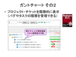 ガントチャート その２
• プロジェクト・チケットを階層的に表示
（バグやタスクの階層を管理できる）
親子チケットが標準機能
だから階層表示可能
 