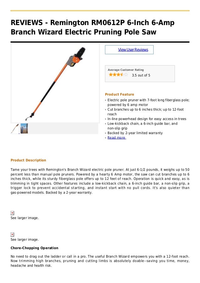 Remington rm0612 p 6 inch 6amp branch wizard electric pruning pole saw
