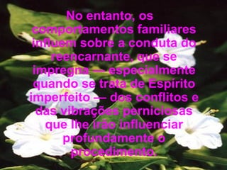 No entanto, os comportamentos familiares influem sobre a conduta do reencarnante, que se impregna — especialmente quando se trata de Espírito imperfeito — dos conflitos e das vibrações perniciosas que lhe irão influenciar profundamente o procedimento. 