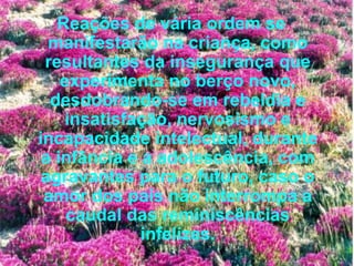 Reações de vária ordem se manifestarão na criança, como resultantes da insegurança que experimenta no berço novo, desdobrando-se em rebeldia e insatisfação, nervosismo e incapacidade intelectual, durante a infância e a adolescência, com agravantes para o futuro, caso o amor dos pais não interrompa a caudal das reminiscências infelizes. 