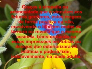 Graças à simpatia ou animosidade que o vinculam aos futuros genitores, estes reagem de forma positiva ou não, envolvendo o filho em ondas de ternura ou revolta que o mesmo assimila, transformando-se essas impressões em fobias ou desejos que exteriorizará na infância e poderá fixar, indelevelmente, na idade adulta. 