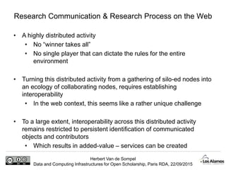 Herbert Van de Sompel
Data and Computing Infrastructures for Open Scholarship, Paris RDA, 22/09/2015
• A highly distributed activity
• No “winner takes all”
• No single player that can dictate the rules for the entire
environment
• Turning this distributed activity from a gathering of silo-ed nodes into
an ecology of collaborating nodes, requires establishing
interoperability
• In the web context, this seems like a rather unique challenge
• To a large extent, interoperability across this distributed activity
remains restricted to persistent identification of communicated
objects and contributors
• Which results in added-value – services can be created
Research Communication & Research Process on the Web
 