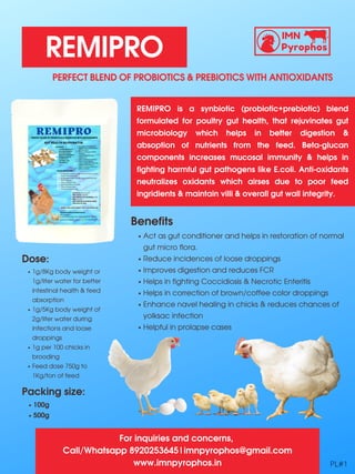 1g/8Kg body weight or
1g/liter water for better
intestinal health & feed
absorption
1g/5Kg body weight of
2g/liter water during
infections and loose
droppings
1g per 100 chicks in
brooding
Feed dose 750g to
1Kg/ton of feed
Dose:
100g
500g
Packing size:
REMIPRO is a synbiotic (probiotic+prebiotic) blend
formulated for poultry gut health, that rejuvinates gut
microbiology which helps in better digestion &
absoption of nutrients from the feed. Beta-glucan
components increases mucosal immunity & helps in
fighting harmful gut pathogens like E.coli. Anti-oxidants
neutralizes oxidants which airses due to poor feed
ingridients & maintain villi & overall gut wall integrity.
Act as gut conditioner and helps in restoration of normal
gut micro flora.
Reduce incidences of loose droppings
Improves digestion and reduces FCR
Helps in fighting Coccidiosis & Necrotic Enteritis
Helps in correction of brown/coffee color droppings
Enhance navel healing in chicks & reduces chances of
yolksac infection
Helpful in prolapse cases
Benefits
PERFECT BLEND OF PROBIOTICS & PREBIOTICS WITH ANTIOXIDANTS
REMIPRO
PL#1
For inquiries and concerns,
Call/Whatsapp 8920253645|imnpyrophos@gmail.com
www.imnpyrophos.in
 