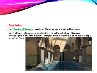 • Description :
• Les Saarland Therme possèdent leur propre source thermale
• Les visiteurs plongent dans les thermes d’inspiration hispano-
mauresque dans des bassins remplis d’eau thermale et libèrent corps,
esprit et âme
 