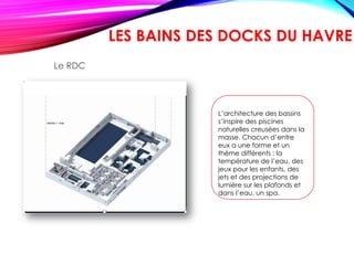 L’architecture des bassins
s’inspire des piscines
naturelles creusées dans la
masse. Chacun d’entre
eux a une forme et un
thème différents : la
température de l’eau, des
jeux pour les enfants, des
jets et des projections de
lumière sur les plafonds et
dans l’eau, un spa.
Le RDC
LES BAINS DES DOCKS DU HAVRE
 