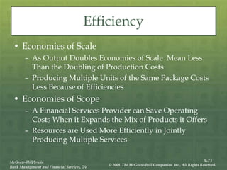 3-23
McGraw-Hill/Irwin
Bank Management and Financial Services, 7/e
© 2008 The McGraw-Hill Companies, Inc., All Rights Reserved.
Efficiency
• Economies of Scale
– As Output Doubles Economies of Scale Mean Less
Than the Doubling of Production Costs
– Producing Multiple Units of the Same Package Costs
Less Because of Efficiencies
• Economies of Scope
– A Financial Services Provider can Save Operating
Costs When it Expands the Mix of Products it Offers
– Resources are Used More Efficiently in Jointly
Producing Multiple Services
 