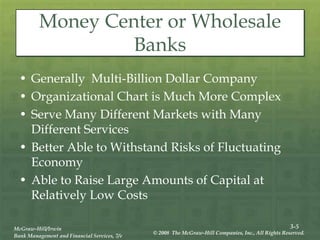 3-5
McGraw-Hill/Irwin
Bank Management and Financial Services, 7/e
© 2008 The McGraw-Hill Companies, Inc., All Rights Reserved.
Money Center or Wholesale
Banks
• Generally Multi-Billion Dollar Company
• Organizational Chart is Much More Complex
• Serve Many Different Markets with Many
Different Services
• Better Able to Withstand Risks of Fluctuating
Economy
• Able to Raise Large Amounts of Capital at
Relatively Low Costs
 