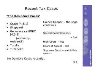 Recent Tax Cases   “ The Residence Cases” Grace [4.3.1] Sheppard  Genovese vs HMRC [4.3.3] (ordinarily resident?) Tuczka  Tuberville  Gaines Cooper – the saga continues 3.2 Special Commissioners    –  lost High Court  - lost Court of Appeal – lost Supreme Court – watch this space… No Domicile Cases recently….. 