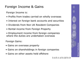 F oreign Income & Gains Foreign Income is:  Profits from trades carried on wholly overseas Interest on foreign bank accounts and securities Dividends from Non UK Resident Companies Rental income from Foreign Property Employment income from foreign companies  where the duties are undertaken overseas Foreign Gains:  Gains on overseas property Gains on shareholdings in foreign companies Gains on other assets held offshore 3.1/3.1.1/3.12/3.13 