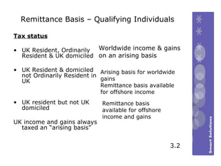 Remittance Basis – Qualifying Individuals Tax status UK Resident, Ordinarily Resident & UK domiciled UK Resident & domiciled not Ordinarily Resident in UK UK resident but not UK domiciled UK income and gains always taxed an “arising basis” Worldwide income & gains on an arising basis Arising basis for worldwide gains  Remittance basis available for offshore income Remittance basis available for offshore income and gains 3.2 