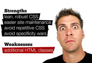Strengths
lean, robust CSS
easier site maintenance
avoid repetitive CSS
avoid speciﬁcity wars

Weaknesses
additional HTML classes
new mindset
 