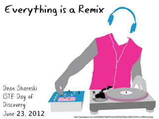 Everything is a Remix




Dean Shareski
ISTE Day of
Discovery
June 23, 2012   http://2.bp.blogspot.com/-wyyfzDQJ0tE/T0glv8WzubI/AAAAAAAAAJc/nZB5mC3HbVc/s1600/remix4.jpg
 