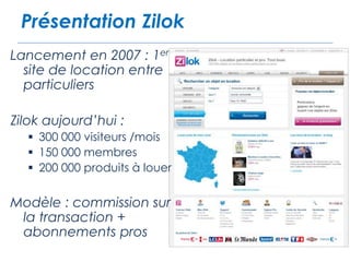 Présentation Zilok
Lancement en 2007 : 1er
site de location entre
particuliers
Zilok aujourd’hui :
300 000 visiteurs /mois
150 000 membres
200 000 produits à louer
Modèle : commission sur
la transaction +
abonnements pros