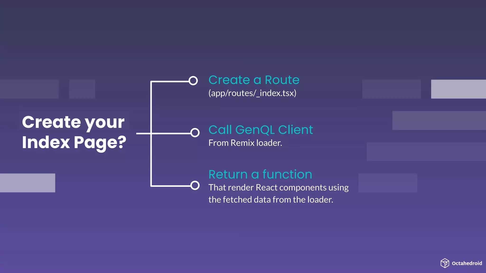 Create your
Index Page?
Create a Route
(app/routes/_index.tsx)
Call GenQL Client
From Remix loader.
Return a function
That render React components using
the fetched data from the loader.