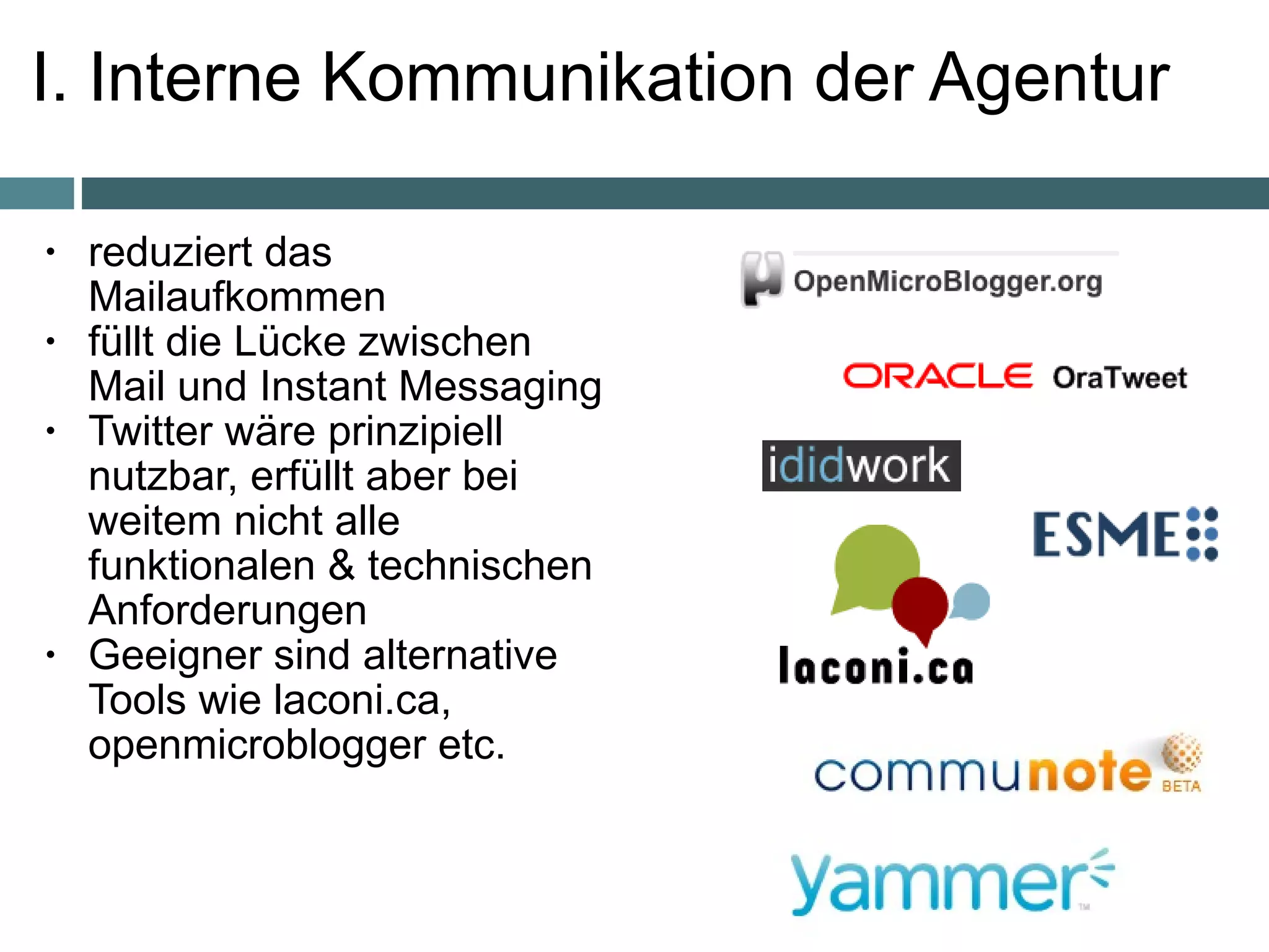 I. Interne Kommunikation der Agentur reduziert das Mailaufkommen  füllt die Lücke zwischen Mail und Instant Messaging Twitter wäre prinzipiell nutzbar, erfüllt aber bei weitem nicht alle funktionalen & technischen Anforderungen Geeigner sind alternative Tools wie laconi.ca, openmicroblogger etc.  