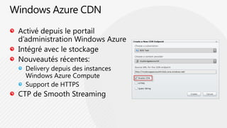 Windows Azure CDNActivé depuis le portail d’administration Windows AzureIntégré avec le stockageNouveautés récentes:Delivery depuis des instances Windows Azure ComputeSupport de HTTPSCTP de Smooth Streaming