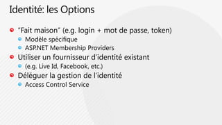 Identité: les Options“Fait maison” (e.g. login + mot de passe, token)Modèle spécifiqueASP.NET Membership ProvidersUtiliser un fournisseur d’identité existant(e.g. Live Id, Facebook, etc.)Déléguer la gestion de l’identitéAccess Control Service