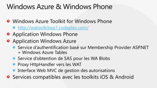 Windows Azure & Windows PhoneWindows Azure Toolkit for Windows Phonehttp://watoolkitwp7.codeplex.com/Application Windows PhoneApplication Windows AzureService d’authentification basé sur Membership Provider ASP.NET + Windows Azure TablesService d’obtention de SAS pour les WA BlobsProxy HttpHandler vers les WATInterface Web MVC de gestion des autorisationsServices compatibles avec les toolkitsiOS & Android