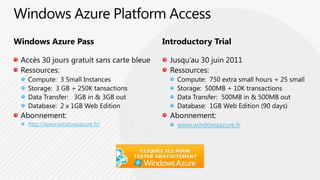 Windows Azure Platform AccessWindows Azure PassIntroductory TrialAccès 30 joursgratuit sans carte bleueRessources:Compute:  3 Small InstancesStorage:  3 GB + 250K tansactionsData Transfer:   3GB in & 3GB outDatabase:  2 x 1GB Web EditionAbonnement:http://www.windowsazure.fr/Jusqu’au 30 juin 2011Ressources:Compute:  750 extra small hours + 25 smallStorage:  500MB + 10K transactionsData Transfer:  500MB in & 500MB outDatabase:  1GB Web Edition (90 days)Abonnement:www.windowsazure.fr