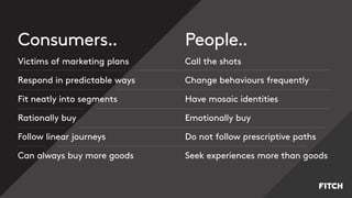 Consumers..
Victims of marketing plans
Respond in predictable ways
Fit neatly into segments
Rationally buy
Follow linear journeys
Can always buy more goods
People..
Call the shots
Change behaviours frequently
Have mosaic identities
Emotionally buy
Do not follow prescriptive paths
Seek experiences more than goods
 