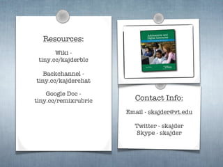 Resources:
       Wiki -
 tiny.cc/kajderblc

   Backchannel -
tiny.cc/kajderchat

    Google Doc -
tiny.cc/remixrubric      Contact Info:
                      Email - skajder@vt.edu

                        Twitter - skajder
                        Skype - skajder
 